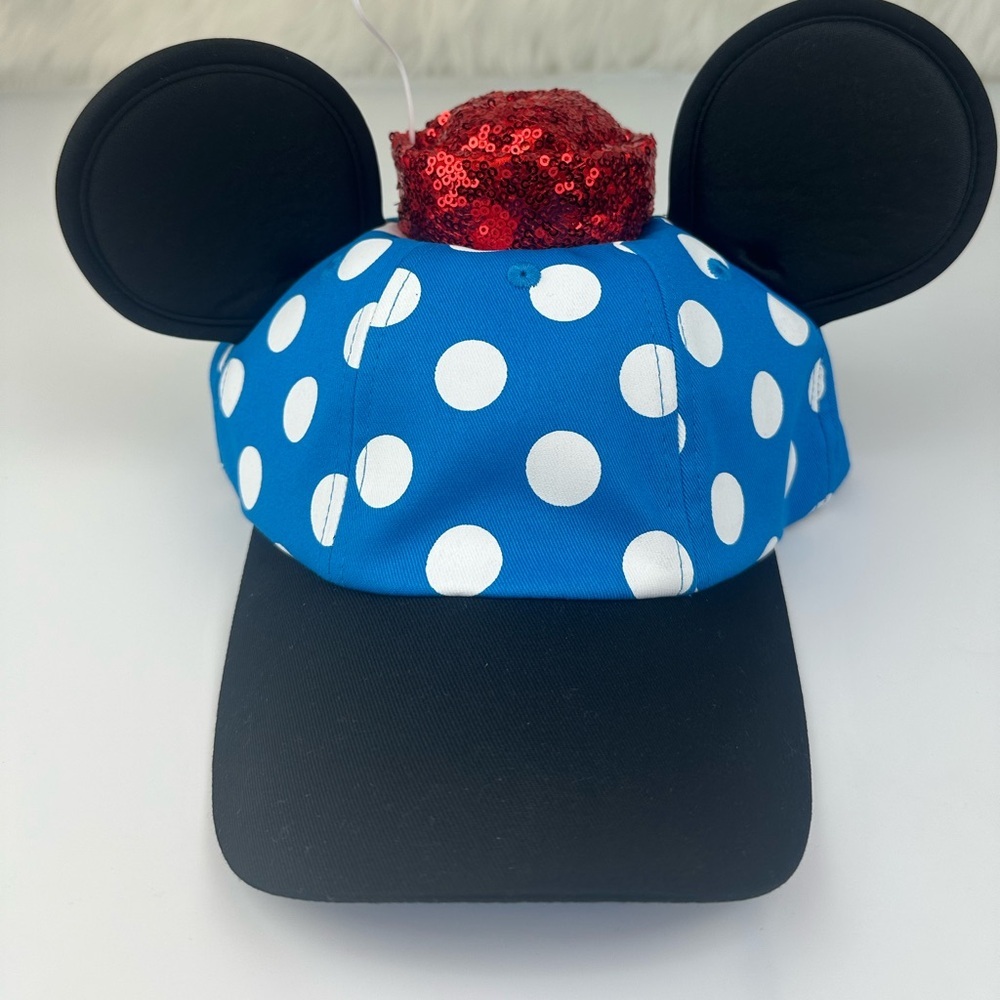 Disney Parks Minnie Mouse Hat Blue Polka Dot Ears Flower Classic Magical